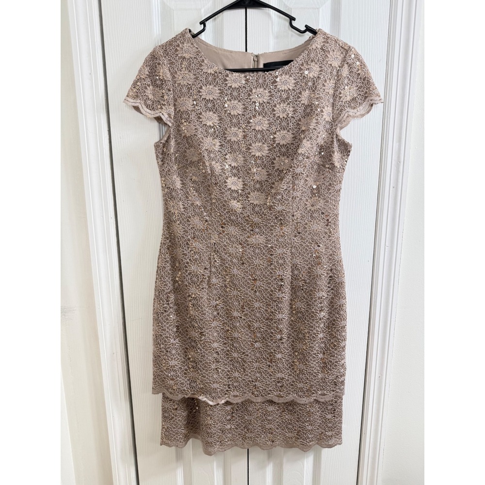 Alex‎ Evenings Lace Sequin Sheath Dress 10 Taupe Metallic Formal Wedding Guest